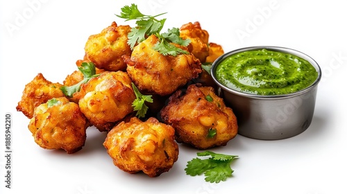 Delicious vegetable pakoras are served with a vibrant green chutney in a small metal bowl, arranged on a pristine white surface, tempting the taste buds.