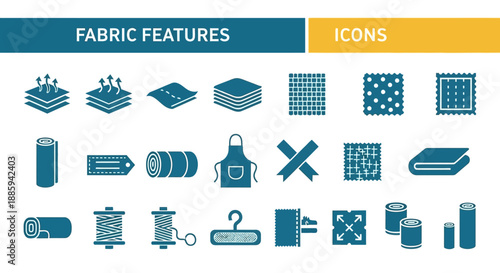 Collection of fabric and textile icons displayed on a clean white background showcasing various sewing and crafting elements from a straightforward viewpoint