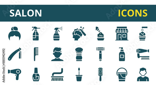 Collection of salon icons featuring various beauty and grooming tools and services displayed in a grid layout