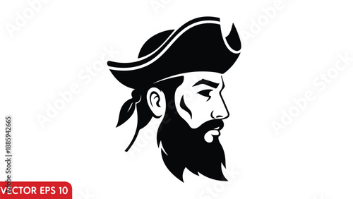Pirate Head Silhouette Bearded Man Captain Hat Nautical Icon.