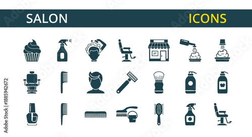 Collection of salon icons representing various services and tools in a modern illustration style
