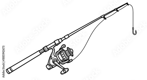 Detailed Fishing Rod and Spinning Reel Line Art Illustration on Isolated White Background