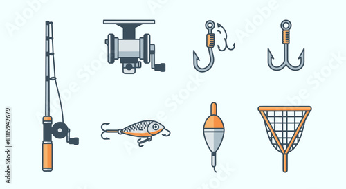 Vibrant Fishing Equipment Icons Set with Rod, Reel, Lures, Hooks, and Net on a Light Blue Background