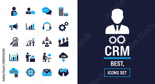 Collection of icons representing customer relationship management concepts and business strategies in a modern flat design style