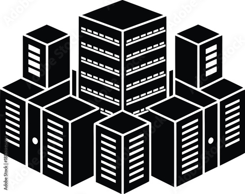 Isometric data center interior with cooling systems and server racks technology Vector illustration