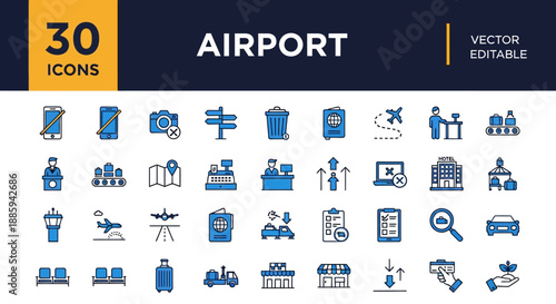 Collection of airport icons in various styles displayed on a white background from a front viewpoint