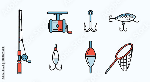 Colorful Flat Design Fishing Gear Icons Set on a Light Blue Background, Angling Equipment Collection