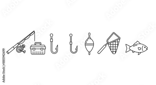 Fishing Gear Line Art Icons Set on Isolated White Background, Angling Equipment Collection