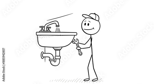 Happy Plumber Fixing a Sink with a Wrench, isolated white background