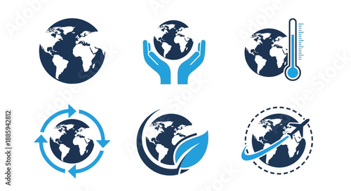Collection of icons representing global environmental concepts and actions in various styles