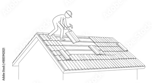 Construction Worker Installing Roof Tiles on a House, isolated white background