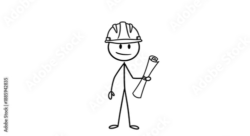 Smiling Architect or Engineer Holding Blueprints and Wearing a Hard Hat, isolated white background