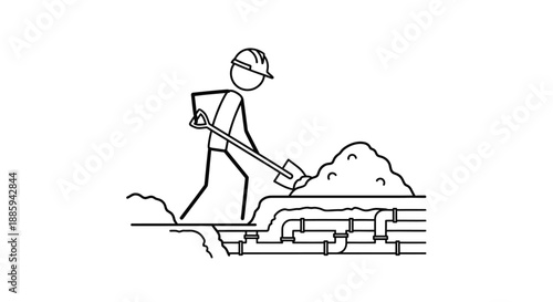 Construction Worker Shoveling Soil and Debris Near Underground Pipes, isolated white background