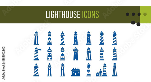 Collection of blue lighthouse icons in various styles and designs for navigation and guidance