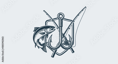 Fishing Emblem with Rods, Hook, Lure, and Fish, in bright studio