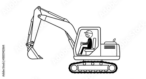 Stickman Operating an Excavator or Digger Machine, isolated white background