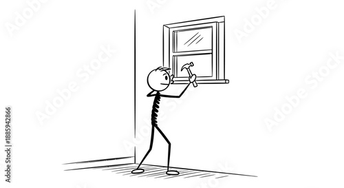 Man Fixing a Window with a Hammer and Tools, isolated white background