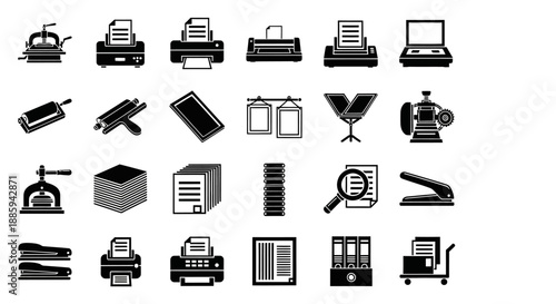 A collection of black icons representing various office supplies and equipment on a plain background viewed from directly above