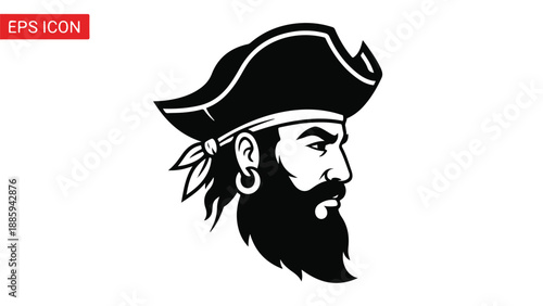 Pirate Head Silhouette Black and White Vector Art.