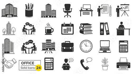 Collection of office icons and symbols representing various work-related elements and activities