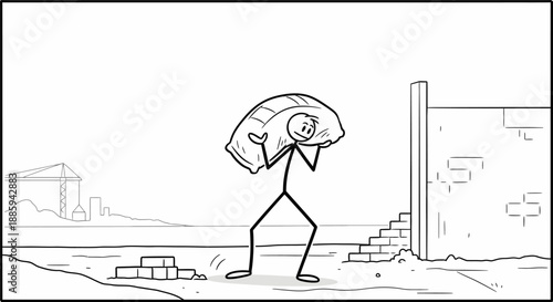 Stick figure construction worker carrying a heavy bag over his shoulder on a building site with bricks and a half-built wall on an isolated white background