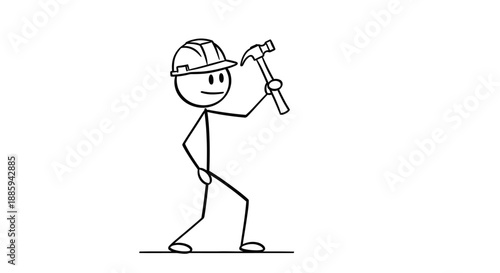 Happy stick figure construction worker or carpenter holding a hammer, ready to work on an isolated white background