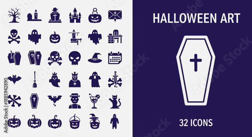 Collection of Halloween-themed icons displayed on a dark background with various symbols and a prominent coffin icon with a cross