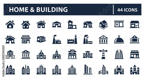 Collection of home and building icons displayed on a clean white background showcasing various architectural designs and structures