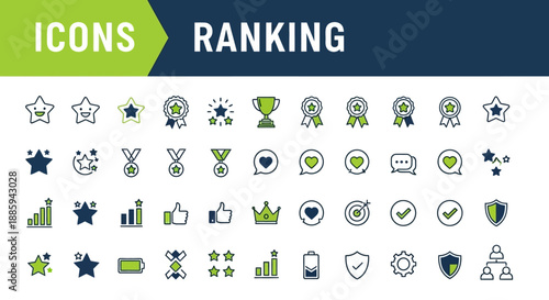 Collection of assorted icons and symbols for ranking and rating, displayed in a grid layout on a clean background, viewed from directly above