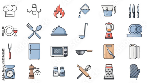Collection of kitchen icons featuring cooking utensils, appliances, and accessories displayed on a clean white background from a straightforward viewpoint