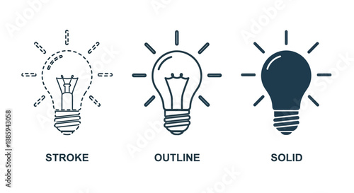 Collection of lightbulb icons in varying styles, showcasing stroke, outline, and solid designs, symbolizing innovation and idea generation.