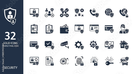 Collection of various solid icons representing security, technology, and communication concepts displayed on a clean white background for design and illustration purposes.