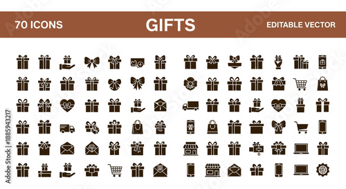 Collection of gift icons in various designs and categories for creative projects