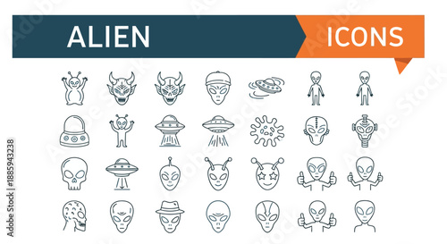 Collection of various alien icons and symbols in a grid layout for graphic design use