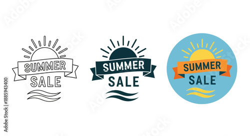 Collection of Summer Sale Icons Featuring Sun and Wave Elements in Various Design Styles