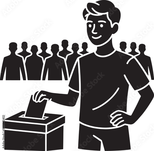 A man casting his vote with hearts and silhouettes representing public opinion