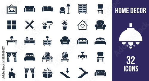 Collection of home decor icons displayed on a clean white background, featuring furniture and household items from a straightforward viewpoint