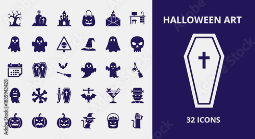 Collection of Halloween-themed icons featuring coffins, ghosts, and pumpkins in a vector illustration style