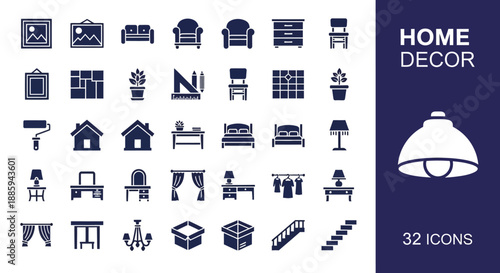 Collection of home decor icons featuring furniture and lighting elements in a simple design style
