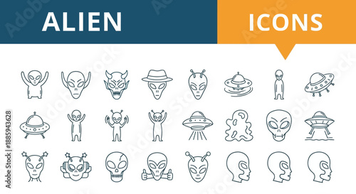Collection of alien-themed icons and symbols in a grid layout, showcasing various extraterrestrial designs