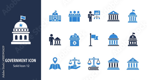 Government icons collection in various styles and formats, including make me icons, displayed on a clean background from a straightforward viewpoint