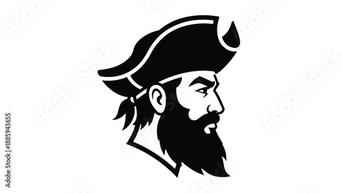Pirate Head Silhouette Bearded Man Nautical Symbol Black and White.