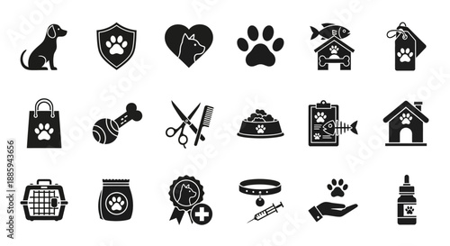 Collection of black icons representing various pet care elements displayed on a clean background