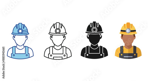 Set of diverse worker icons in various hard hats and uniforms, symbolizing construction industry professionals