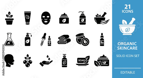Collection of organic skincare icons featuring various products and ingredients