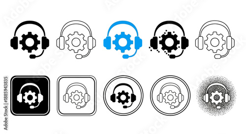 Collection of Headset Icons with Gears and Cogs in Various Styles and Formats