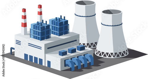 Power Plant Facility Vector Illustration of Industrial Power Station with Cooling Towers and Energy Infrastructure in Electricity Production