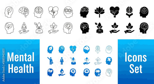 Collection of mental health icons set in various styles and formats for digital use