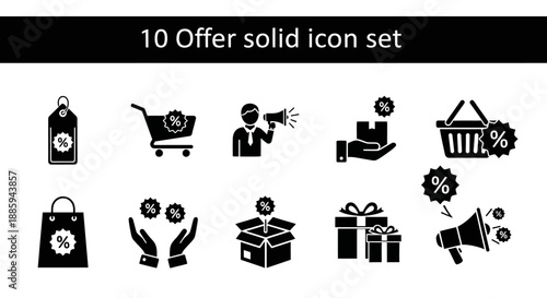 A set of black icons on white background representing various marketing and sales concepts including discounts and promotions