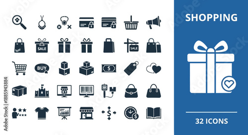 Collection of shopping icons and symbols in a modern e-commerce theme, designed for digital use, displayed on a clean white background with a blue sidebar